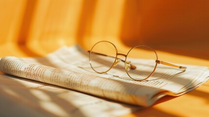 Aufkleber - A pair of round, gold-rimmed glasses rest on a folded newspaper in the warm light of the sun. Generative AI