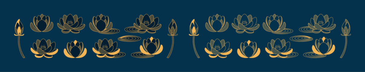 Wall Mural - Lotus flowers, blossoms, leaf, bud, floral design elements collection, isolated clip art. Hand drawn line art vector illustration. Mid Autumn Festival, Dragon Boat Festival traditional holiday set