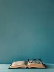 Fototapete - A book lies open on a blue surface with eyeglasses resting on the pages. Generative AI