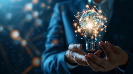 Wall Mural - businessman holds light bulb brain for idea generation & innovation business solution concept. ai ge