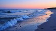 © MAGNIFIER - Serene sunset over a calm ocean with gentle waves lapping at the sandy shore.