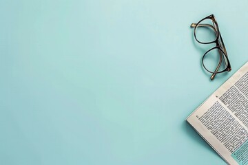Fototapete - A pair of glasses and an open book rest on a light blue surface. Generative AI