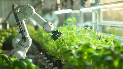 Aufkleber - A white robotic arm with black accents is tending to a row of plants in a greenhouse. The arm is moving to adjust or care for the plants, which are growing in rows under artificial light.