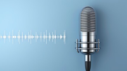 A condenser microphone with a shock mount is positioned on a blue background, with a white sound wave graphic to its left.