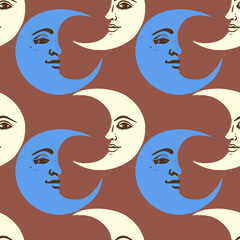 Wall Mural - crescent moons with face seamless vector pattern. retro background with moon.