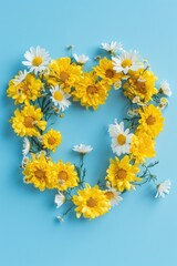 Wall Mural - Heart shaped wreath of yellow chrysanthemums and white daisies on blue background