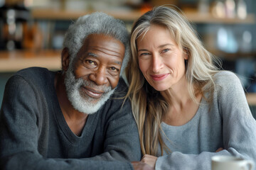 Smiling elderly couple sitting together and enjoying each other company