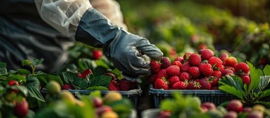 Poster - Harvesting Ripe Strawberries in a Lush Garden