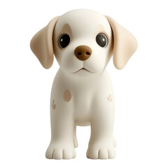 A cute, stylized puppy with a white and beige coat, large expressive eyes, and a playful demeanor, perfect for a children's toy or digital character design