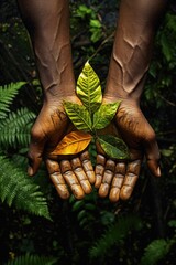 Hands holding two leaves in a lush green forest setting.