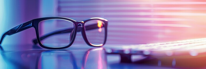 Leinwandbilder - Black eyeglasses resting on a table in front of a blurry keyboard, with a bright purple and pink gradient background. Generative AI