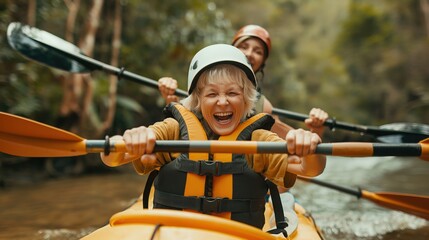 Elderly woman and young person kayaking, both wearing helmets and life jackets, enjoying the adventure on a river surrounded by nature.