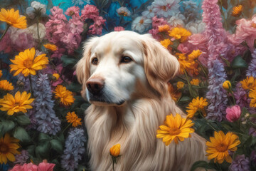 A painting of a dog surrounded by flowers, dog portrait painting.