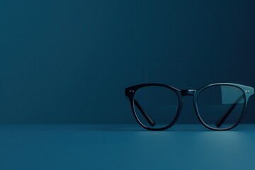 Poster - A pair of black framed eyeglasses sits on a teal surface, facing the viewer. Generative AI