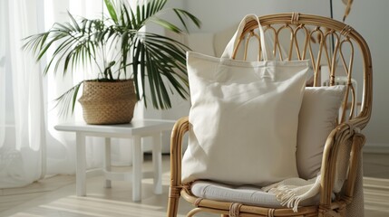 mockup of a natural colored canvas tote bag, sitting on a neutral colored wicker chiar, in a home with white walls