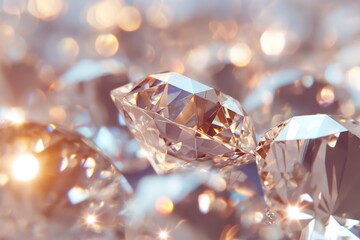 Clear-cut diamonds in a close-up shot, capturing their brilliance and sparkling nature, resting on a reflective background.