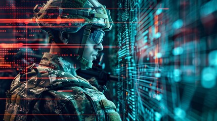 futuristic soldier interfacing with advanced digital technology, merging military prowess and cyber 