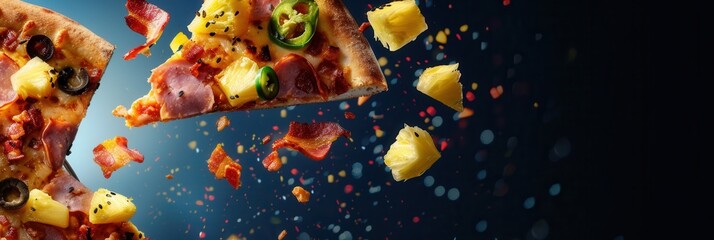 Wall Mural - Fresh baked pineapple pizza in air with ingredients.