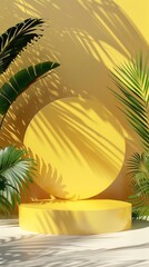 Wall Mural - Tropical paradise meets modern design: sunlit yellow podium surrounded by lush palm leaves, casting intricate shadows on a warm golden backdrop.