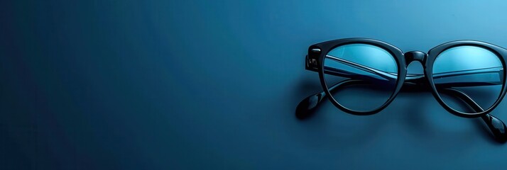 Fototapete - Black eyeglasses with blue lenses are lying on a blue surface. Generative AI