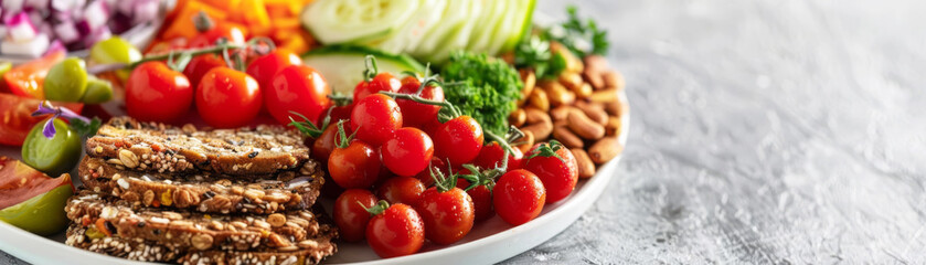 A vibrant platter of fresh vegetables, colorful tomatoes, and homemade snacks, perfect for healthy eating and meal prep.