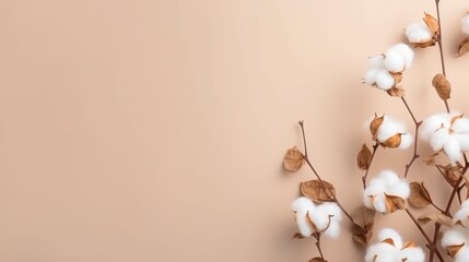 Wall Mural - White cotton flowers on beige background. Flat lay, top view.