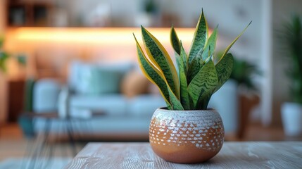 Wall Mural - lush snake plant in modern ceramic pot striking vertical leaves with intricate patterns blurred contemporary living room background creates depth and context