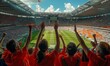 © Onchira - football Fans in red shirt show hands celebration on big stadium during football game