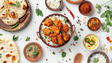 top view of various indian dishes in white plates on isolated background