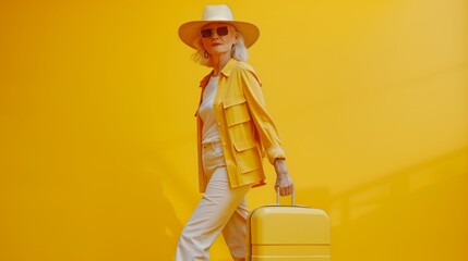 Mature woman walking with suitcase ready to travel. Yellow backdrop