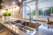 © Caitlin - Sparkling clean modern kitchen sink with shiny stainless steel surface and sleek faucet reflects light, epitomizing cleanliness and sophistication in home decor.