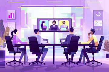 Wall Mural - Business team at the video conference call in boardroom. Online meeting with CEO, manager or director. flat vector modern illustration 