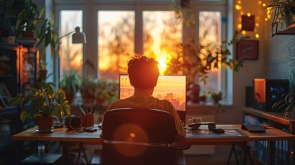 Man working on laptop at home office. Work - life integration concepts.