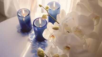 Lazuli blue candles and white orchids flowers on white clean table surface. Wellness spa salon therapy background with copyspace