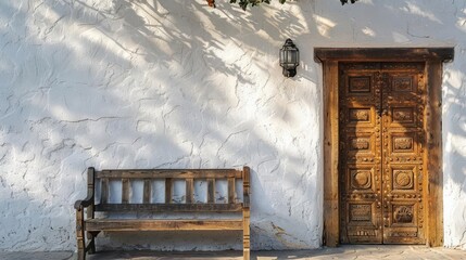 Wall Mural - rustic wooden door with intricate carvings next to a weathered bench against a white stucco wall warm sunlight creates inviting shadows embodying timeless home design