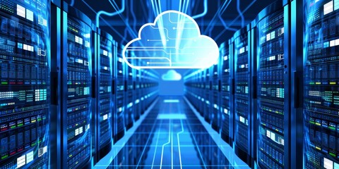 Aufkleber - A cloud computing diagram showing data migration between servers, emphasizing efficient data transfer processes