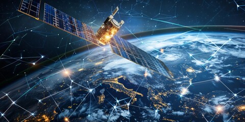 Aufkleber - A satellite communication station transmitting data signals across continents, showcasing global data transfer capabilities