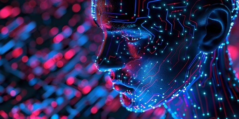 A programmer combined with digital circuit patterns, showcasing tech innovation and electronic engineering