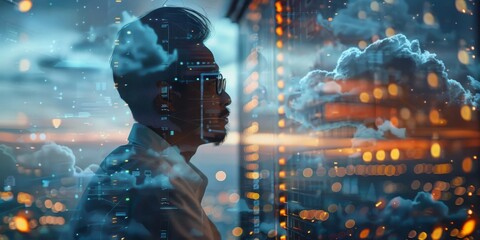 A double exposure of a programmer and cloud computing server, symbolizing software development and cloud technology