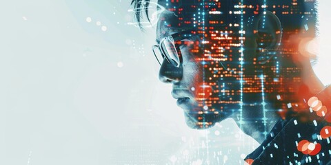 Wall Mural - A double exposure of a coder and futuristic technology, illustrating software development and innovation