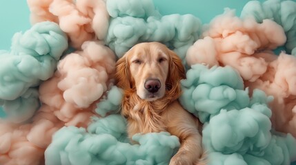 Poster - Golden retriever surrounded by fluffy teal and peach-colored material with eyes closed.