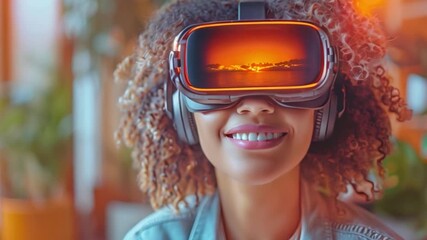 Wall Mural - A woman wearing a VR headset smiles as she attends a virtual conference from home.