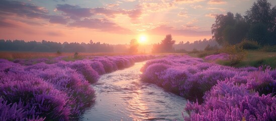 Wall Mural - Sunset Over Lavender Fields with a River