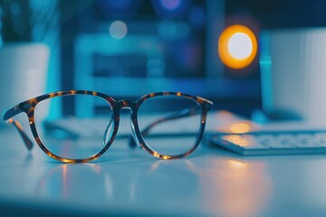 Leinwandbilder - A pair of tortoise shell eyeglasses rests on a desk, with a warm light illuminating the background. Generative AI