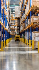 A yellow forklift is parked near three wooden pallets in a warehouse. The forklift has a black mast and a black seat. The warehouse walls are made of wood