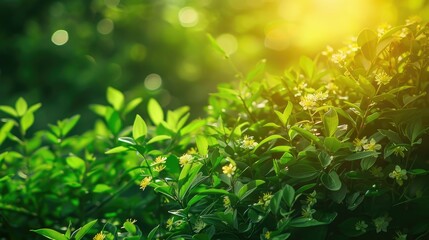 Vibrant green plants with blossoms in a summer nature image