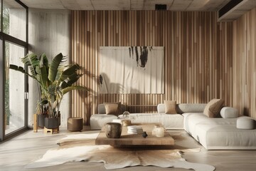 Interior of modern living room with wooden walls, concrete floor, comfortable sofa and coffee table.