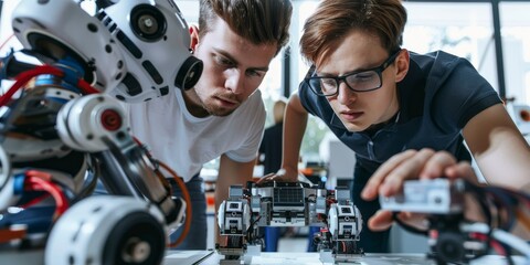 Aufkleber - A team of engineers working on robotics projects, showcasing technological development and engineering innovation