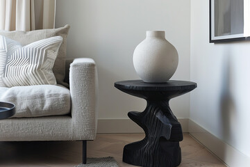 A black wooden side table with an organic, abstract shape and rough texture stands next to the sofa in light beige fabric, creating a modern home interior design of a minimalist living room.