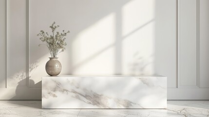 Fototapete - White Room with White Marble Table stage podium and Marble white floor with white Wall and sunlight beams background - minimalistic white background mock up for design and product placement